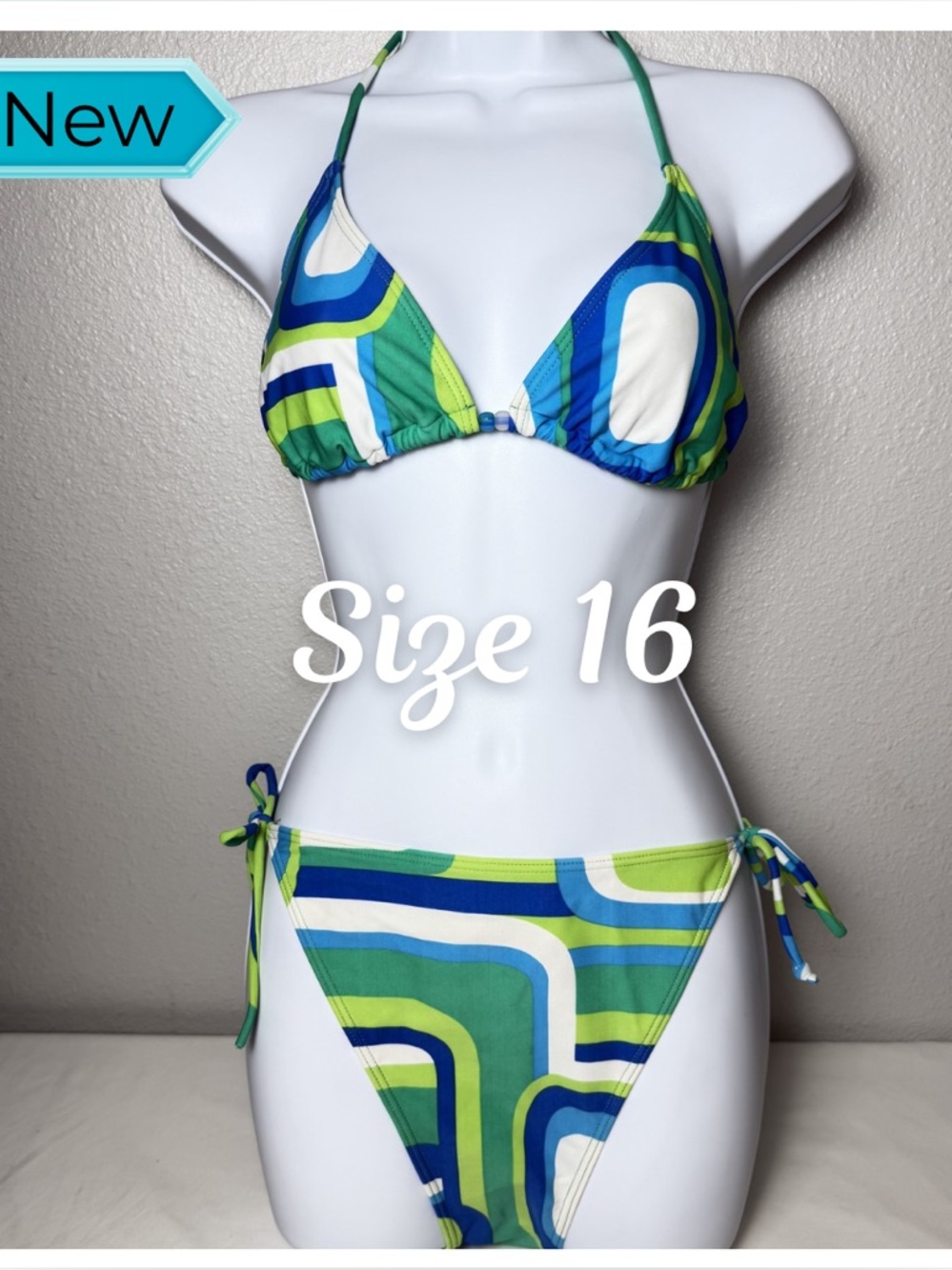 Atmosphere Green Blue Bikini Set NWT | Retro Tie Side
